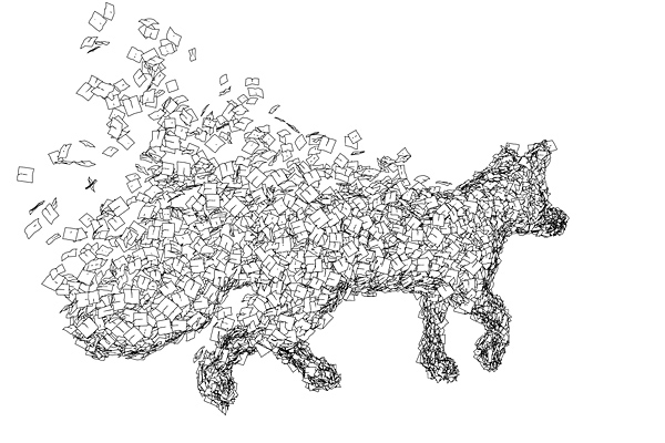 die Tiere aus Herbstblättern wurden mittels einem Partikelsystems in 3D umgesetzt und gerendert